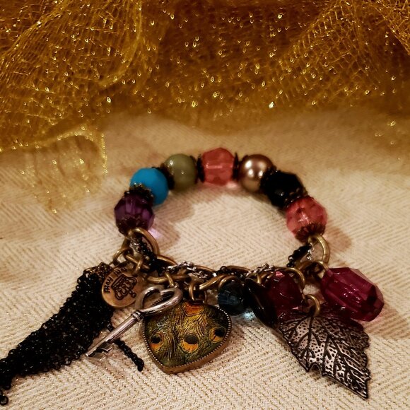 Bohemian Charm Bracelet – Colorful Gem Beads with Heart, Leaf & Key Accents, Gif - Picture 1 of 4